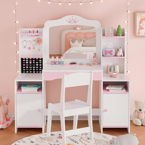 Kids Vanity Set with Mirror, Stool, and Jewelry Storage - White Wooden Desk