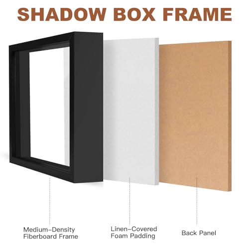 8x8 Shadow Box Frame with Linen Backing and Pins - Black Display Case