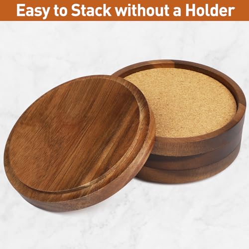 Stackable Acacia Wood & Cork Coasters - 4.25 Inch Set of 4