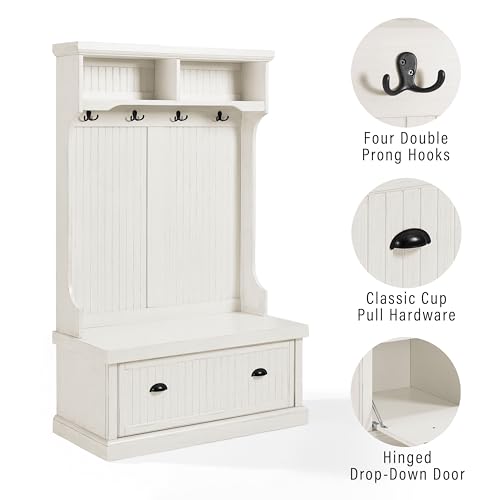 Crosley Furniture Seaside Hall Tree with Shoe Storage - Distressed White Entryway Bench