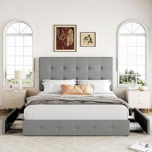 Queen Size Upholstered Platform Bed Frame with 4 Storage Drawers