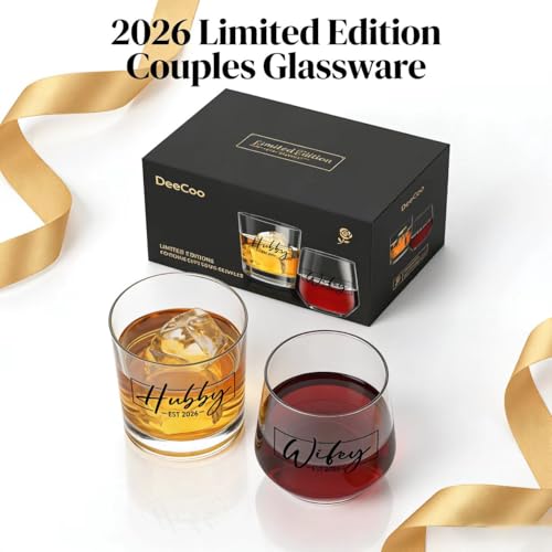 DeeCoo His & Hers Wine & Whiskey Glass Set - Wedding Gift for Couples, 2026 Newlyweds