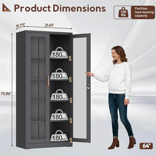 Lockable Metal Display Cabinet with Glass Doors and 4 Adjustable Shelves