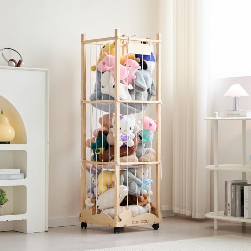 56-Inch Stuffed Animal Storage Zoo Tower with Wheels, Wooden Toy Organizer