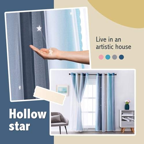 Star Cutout Blackout Curtains, Double Layer Lace Drapes 52x63 Inch