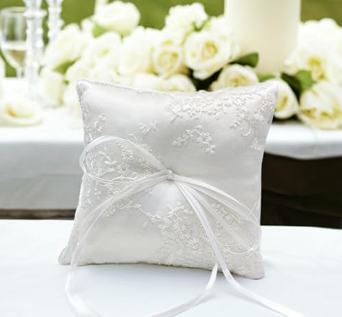 White Satin Ring Bearer Pillow with Floral Lace and Ribbon Bow, 6x6 Inch