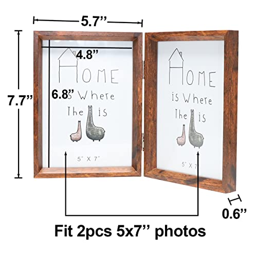 TOFOREVO Rustic Brown 5x7 Double Picture Frame Pack of 3 - Hinged Beveled Wooden Photo Frame for Desktop & Wall Display