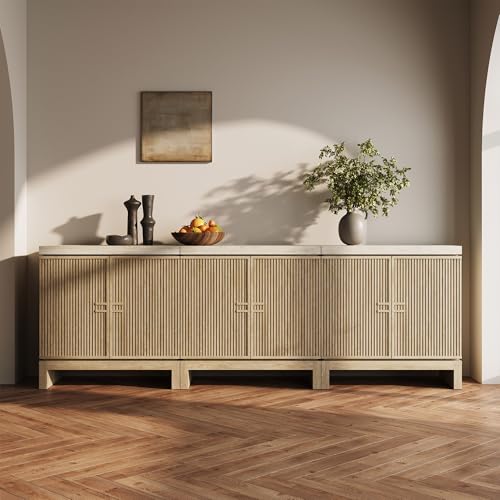 Modern Fluted Sideboard Buffet Cabinet with Travertine-Look Top