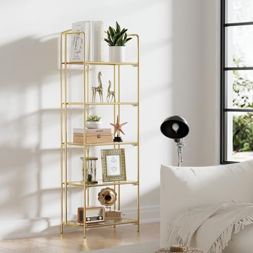 5-Tier Foldable Bookshelf, Gold Metal Frame & Transparent Shelves
