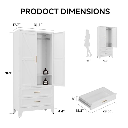 71" Metal Wardrobe Closet with 2 Drawers, Hanging Rod & Adjustable Shelf