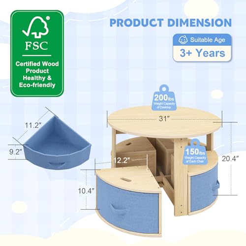 Kids Round Table and Chair Set with Storage Drawers - Wooden Toddler Activity Furniture