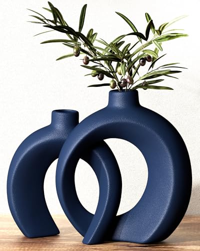 Matte Navy Blue Ceramic Donut Vases, Set of 2 - Modern Coastal Decor