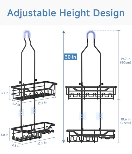 Joqixon Extended Length Shower Caddy Organizer with Hooks, Rustproof Stainless Steel Hanging Shampoo and Soap Holder