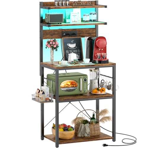5-Tier Bakers Rack with Power Outlet, RGB LED Lights, and Storage Shelves