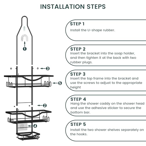Adjustable Hanging Shower Caddy Rustproof Organizer, Black