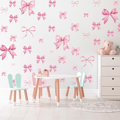 Pink Bow Wall Decals - 46 Pcs Watercolor Bow Knot Peel-and-Stick Stickers