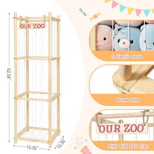 Tall Natural Pine Wood Stuffed Animal Storage Organizer with Elastic Cords