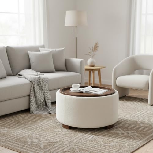 30-Inch Round Boucle Storage Ottoman with Lift-Off Lid - Beige