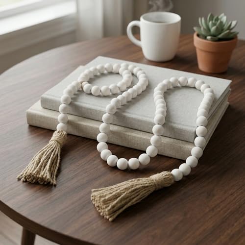 Rustic Wood Bead Garland with Tassels - 1.5m Boho Farmhouse Decor