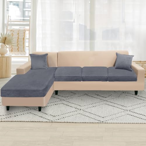 L-Shape Sectional Couch Cover Set - 4-Piece Velvet Slipcovers with Pillowcases - Dark Grey