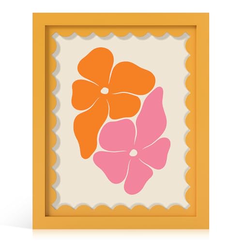 8x10 Yellow Wooden Picture Frame with Wavy Mat & Real Glass for Wall & Tabletop