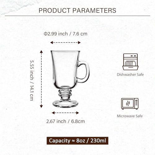 Set of 6 8oz Irish Coffee Glass Mugs - Lead-Free, Dishwasher Safe Coffee Cups