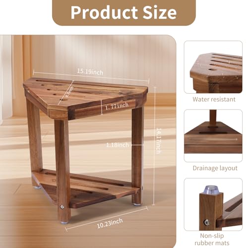 Acacia Wood Corner Shower Stool for Shaving with Storage Shelf, 15-Inch