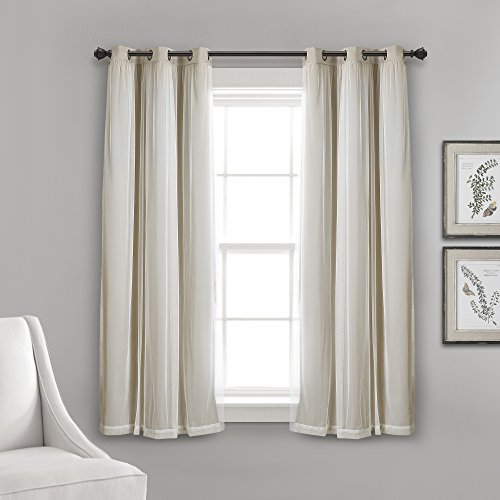 Lush Decor Sheer Grommet Curtains With Insulated Blackout Lining, Window Curtain Panels, Pair, 38"W x 45"L, Wheat - Curtain With Sheer Overlay, Elegant Blackout Curtains for Bedroom