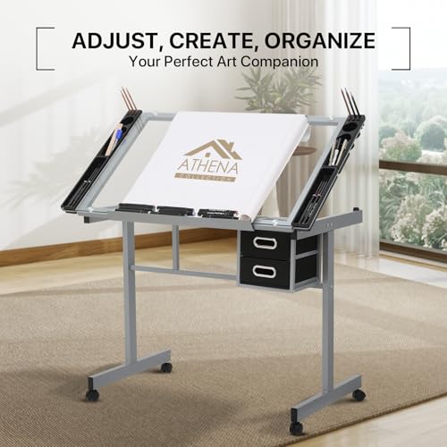 Adjustable Tilting Glass Drafting Table with Storage Drawers & Trays