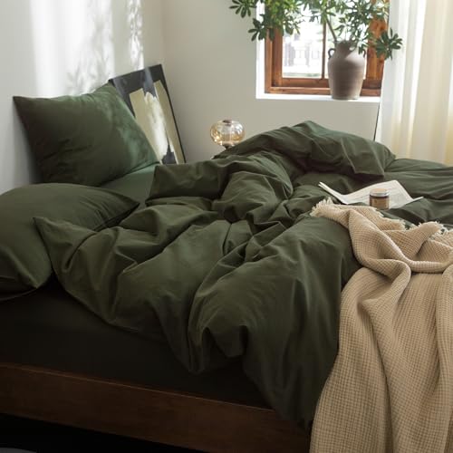 100% Washed Cotton Queen Duvet Cover Set - Soft Linen Feel Bedding, Olive Green