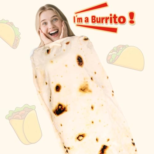 71-Inch Burrito Tortilla Throw Blanket, Soft Flannel Novelty Taco Wrap