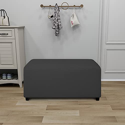 Stretch Rectangle Ottoman Cover - Soft Fleece Footstool Slipcover (Dark Gray)