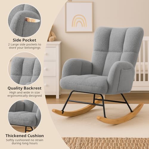 Teddy Fabric Nursery Rocking Chair with Side Pockets and High Backrest