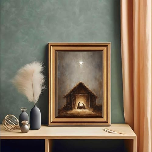 Holy Night Vintage Gold Framed Nativity Canvas Print – Framed 16x12