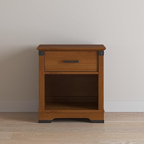 Child Craft Redmond Nightstand in Coach Cherry - Rustic Nursery Bedside Table with Drawer & Shelf