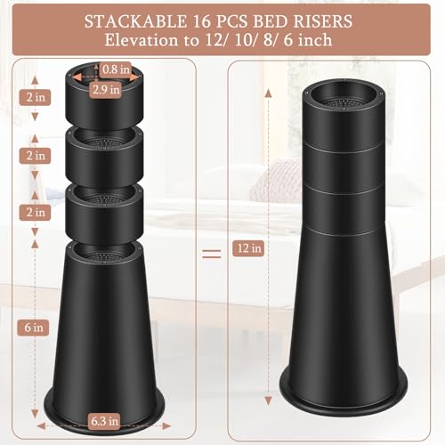 12 Inch Heavy Duty Bed Risers - Adjustable Furniture Lifts, Set of 4