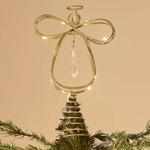 Gold 10 Inch Lighted Angel Tree Topper with Timer - Christmas Decoration