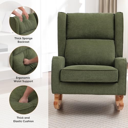 Modern Wingback Nursery Rocking Chair with High Backrest and Side Pocket