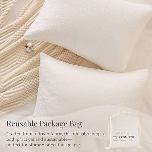 Off-White Queen Duvet Cover Set - 100% Sandwashed Cotton 3-Piece Bedding