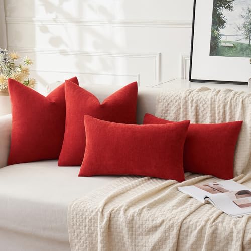 MIULEE Christmas Red Chenille Throw Pillow Covers 18x18 Pack of 2