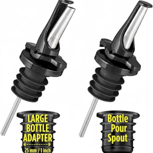 Poura 2-Pack Black 3-in-1 Liquor & Oil Spouts with Adapters - Dustproof, Dishwasher Safe