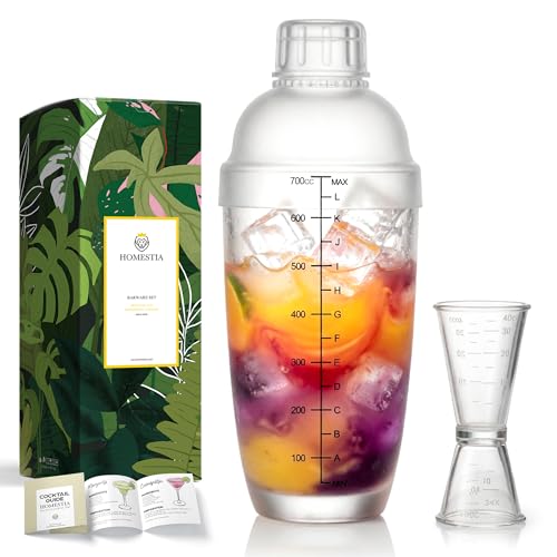 Homestia 2Pcs Plastic Cocktail Shaker & Jigger Set (700cc/24oz) - Includes 1 Shaker + 1 Double-Sided Measuring Jigger