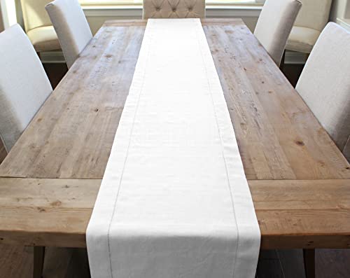 CleverDelights White Hemstitch Linen-Cotton Table Runner 16 x 120