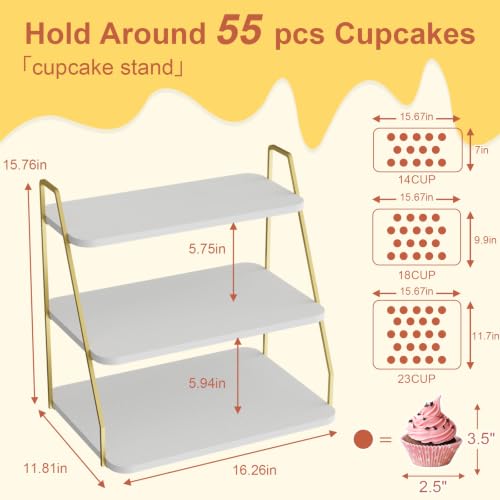 VyGrow White & Gold 3-Tier Cupcake Stand Display holds 55 Cupcakes Wooden & Metal