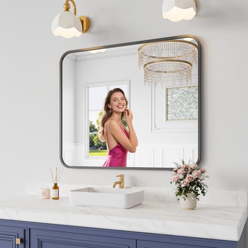 30x36 Inch Rounded Rectangle Bathroom Mirror, Black Metal Framed Wall Mirror