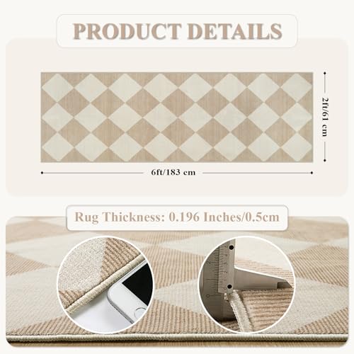 Checkered Print Runner Rug 2x6, Washable Non-Slip Faux Wool Kitchen Runner