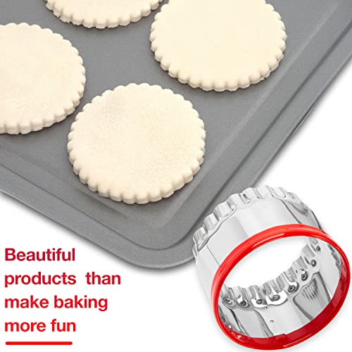 COOKIEQUE 4-Piece Fluted Round Metal Cookie Cutters Set with Red Top Handles