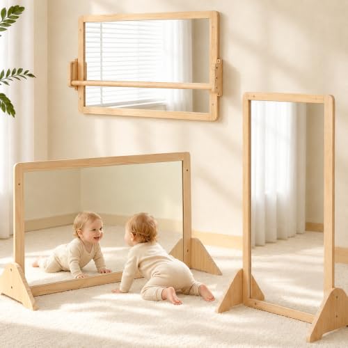 Montessori Baby Mirror with Adjustable Pull Up Bar, 38.2 x 23.6 Inch