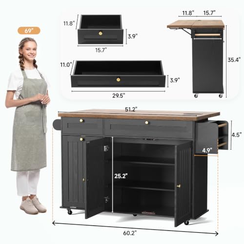 Rolling Kitchen Island Cart with Drop Leaf, Power Outlet & Trash Can Storage