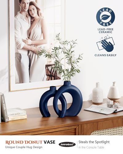 Matte Navy Blue Ceramic Donut Vases, Set of 2 - Modern Coastal Decor